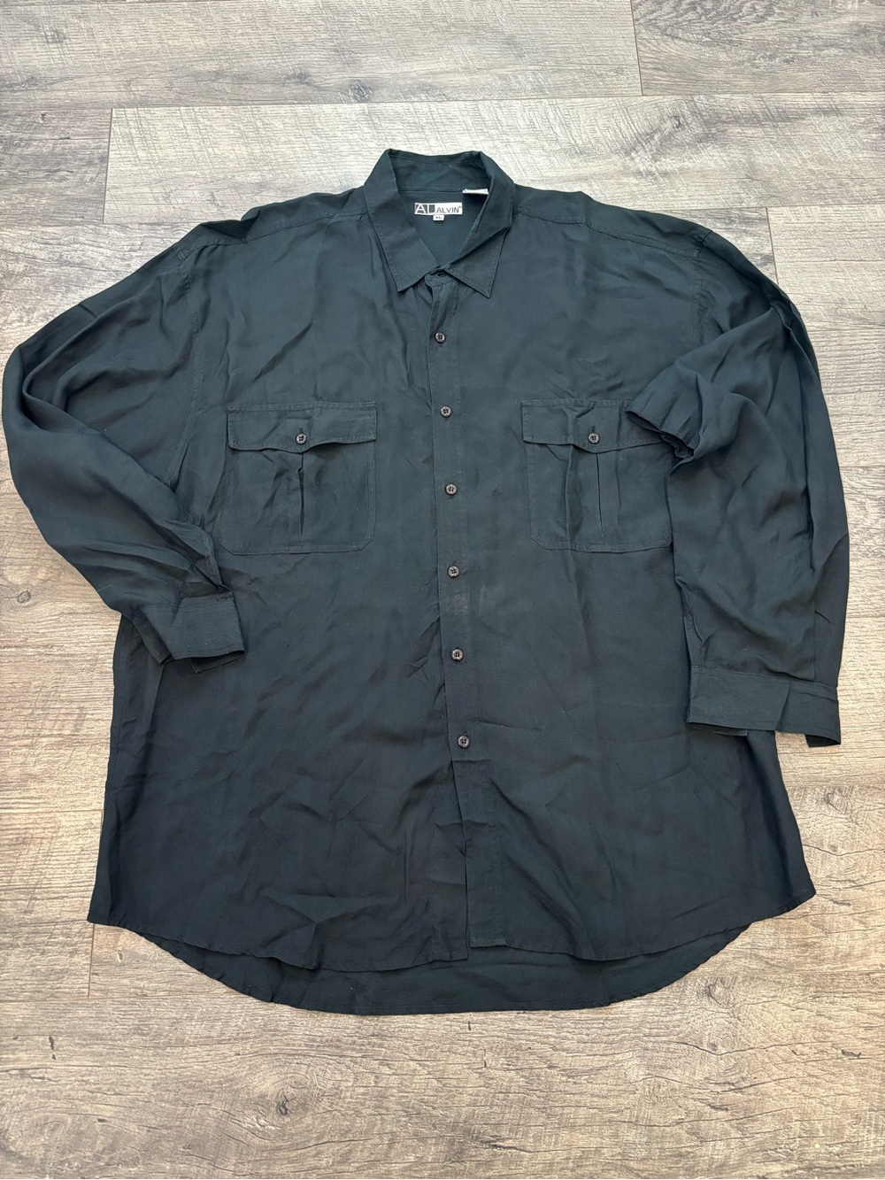 Vtg ALVIN Men's Black 100 silk minimalist Long Sleeve Button-Up Shirt XL